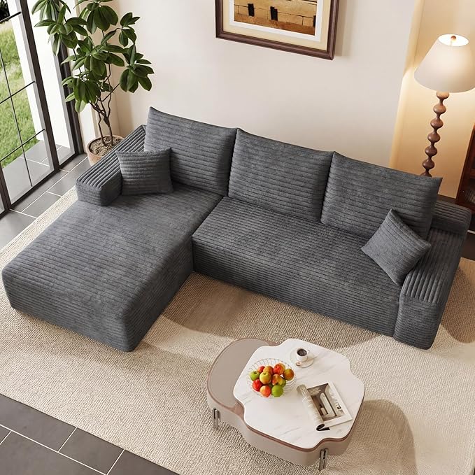 95" Modular Sectional Couch, Boneless L Shaped Cloud Sofa with Chaise Lounge, Corduroy Upholstered Couches Memory Foam Deep Seat, No Assembly Required, Ideal for Living Room(Dark Gray, Left Facing)