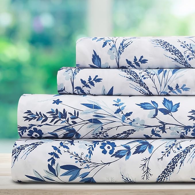 DREAMCARE Full Size Bed Sheets - Luxurious Floral Full Sheet Set - 4 Pc Ultra Soft Breathable Wrinkle Free Brushed Microfiber Floral Blue DREAMCARE