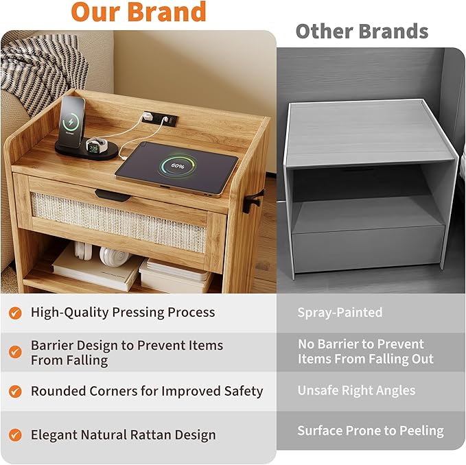Rattan Nightstand Set of 2, Bedside Table with Type-C Charging Station - 1 Drawer & Open Storage Space, Boho End Table Side Table for Bedroom, Large Rattan Night Stand with Charging Port
