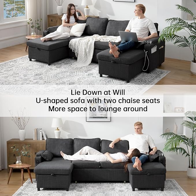 DURASPACE Sofa Bed Sleeper Sofa Pull Out Couch with Double Storage Chaise, Sectional for Living Room, U Shaped Couch with Removable Covers (Dark Gray)