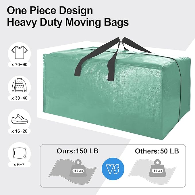 6 Pack Heavy Duty Extra Large Moving Bags W/Backpack Straps - Strong Handles & Zippers, Storage Totes For Space Saving, Fold Flat, Alternative to Box and Bin (40 gal, Teal)