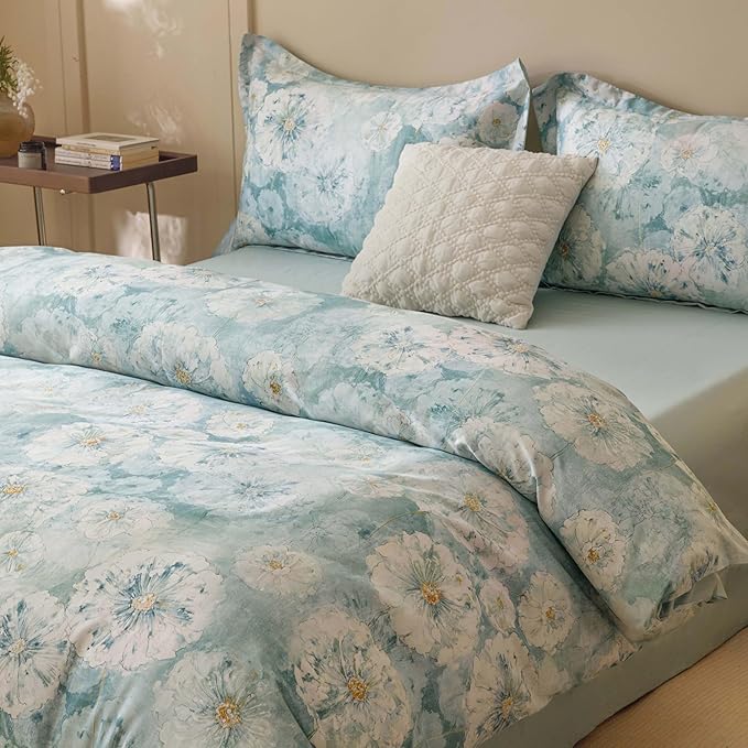 HeimenAogo Egyptian Cotton Duvet Cover King Sateen Weave, Silky Soft Duvet Cover with Zipper Closure, Long Staple Cotton Comforter Cover Watercolor Floral 3 Pcs