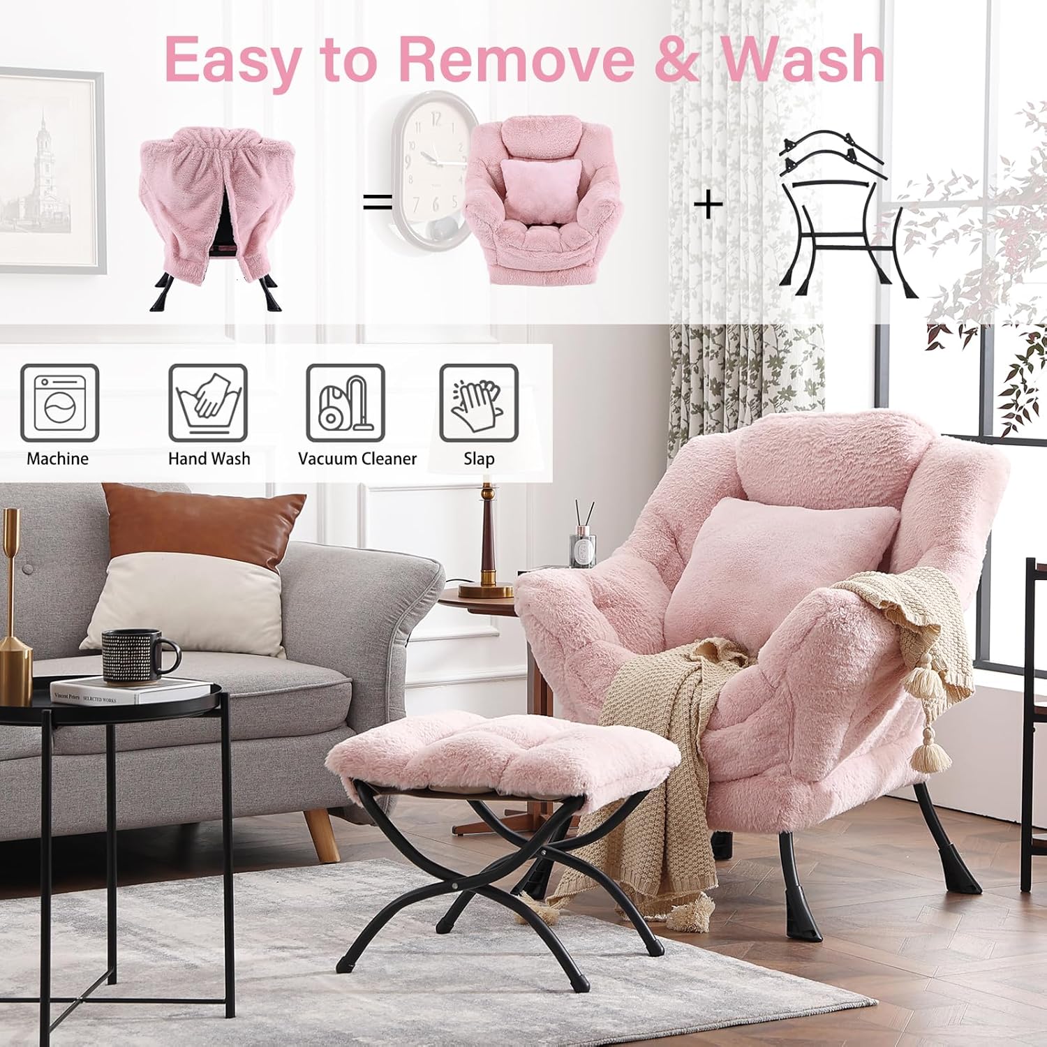 Lazy Chair with Ottoman, Large Pink Accent Chair with Ottoman and FA Throw Pillow, Comfy Plush Reading Chair for Living Room Bedroom Dorm Room Office Apartment Relaxing Use Dormly