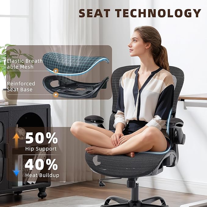 Office Chair, Ergonomic Desk Chair with Adjustable High Back 2D Lumbar Support Flip-up Armrests, Executive Breathable Mesh Comfy Swivel Rolling Computer Task Chair for Home Office Study Work Gaming