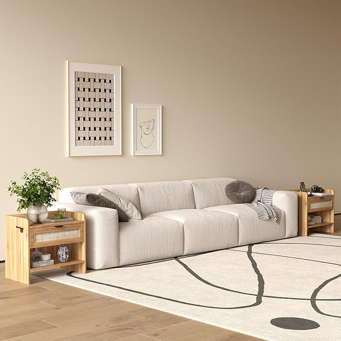 Rattan Nightstand, Bedside Table with Type-C Charging Station - 1 Storage Drawer & Open Storage Space, Boho End Table Side Table for Bedroom Office, Large Night Stand with Charging Port