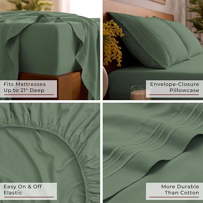 Mellanni Full Sheet Set - 6-Piece Iconic Collection Bedding, (Including 4 Pillowcases), 21-Inch Extra Deep Pocket, Easy Care, Ultra Soft, Cooling Sheets, Brushed Microfiber - Sage
