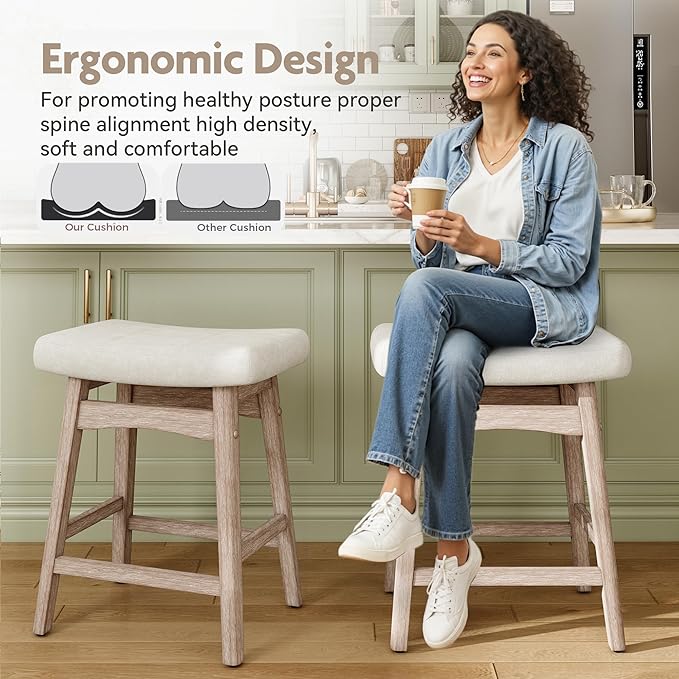 MAISON ARTS Bar Stools Set of 3 Counter Height for Kitchen Counter Solid Wood Legs with Fabric Saddle Seat Farmhouse Barstools for 34"-38" Counter Island Upholstered Stools, 24in, Creamy White