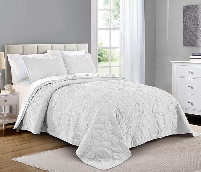 Pure Bedding Quilt Set Full/Queen Size White - Oversized Bedspread - Soft Microfiber Coverlet for All Season - Includes 1 Quilt and 2 Shams, Ocean Star Pattern