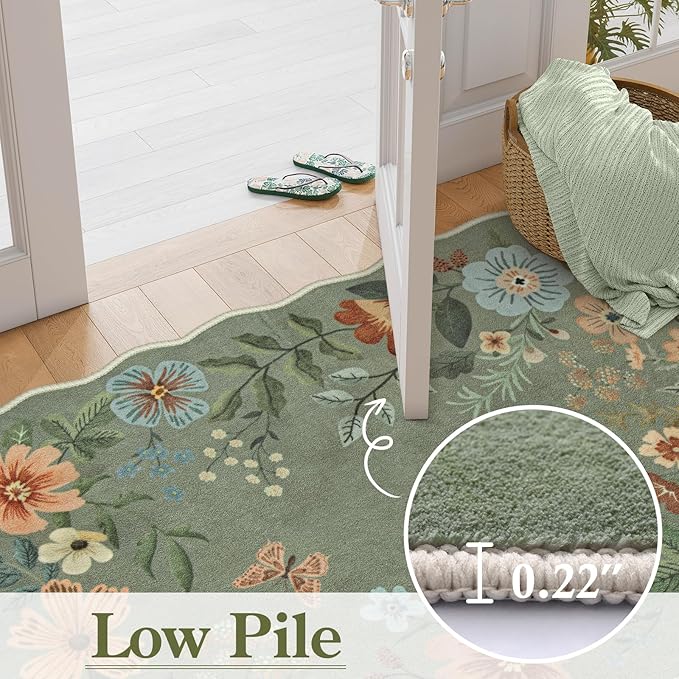 Lahome Floral Machine Washable Rug, 3x5 Rug Non Slip Soft Bedroom Rugs for Entryway Dorm, Ultra-Thin Boho Rugs for Living Room Stain Resistan Throw Carpet for Nursery Entrance, Green