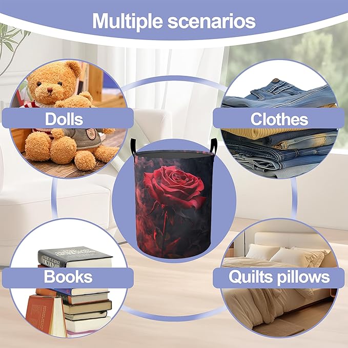 Laundry Basket-Red Roses Foldable Waterproof Oxford Cloth Funny Tote Bag Laundry Hamper Clothes Storage Bucket Organizer For Bathroom/Laundry Storage/Bedroom Storage Basket
