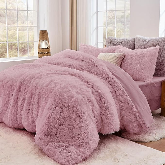 Sasttie 3-Piece Fluffy Duvet Cover Queen, Ultra Soft Faux Fur and Velvet Dusty Rose Comforter Cover, Luxury Fuzzy Bedding Sets for Winter Bed, Includes 1 Duvet Cover and 2 Pillowcases, No Comforter