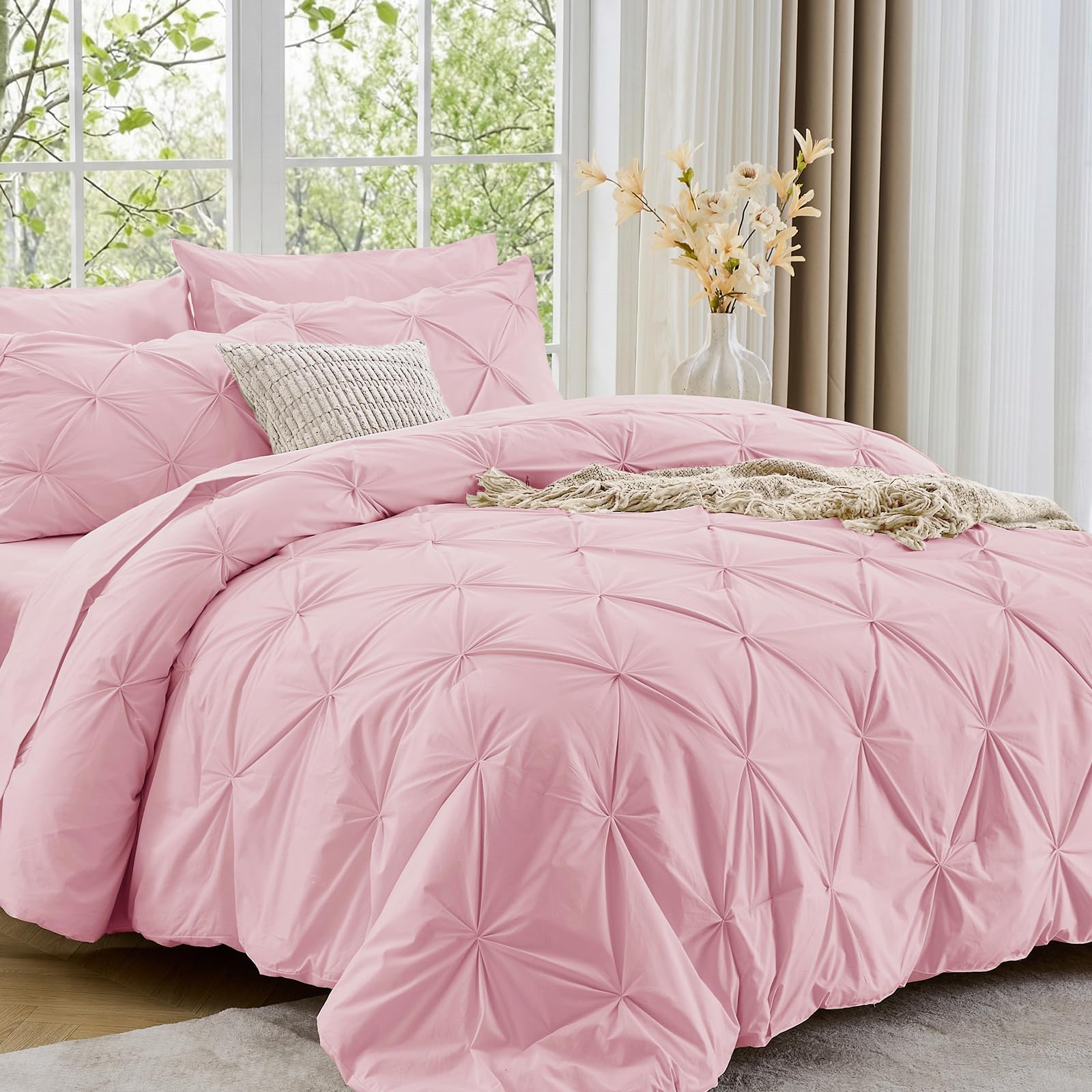 Sasttie Twin XL Comforter Set, 5-Piece Bed in a Bag, Pintuck Bedding Sets for All Season, Includes Comforter, Flat Sheet, Fitted Sheet, Pillowcase and Pillowsham, Beige