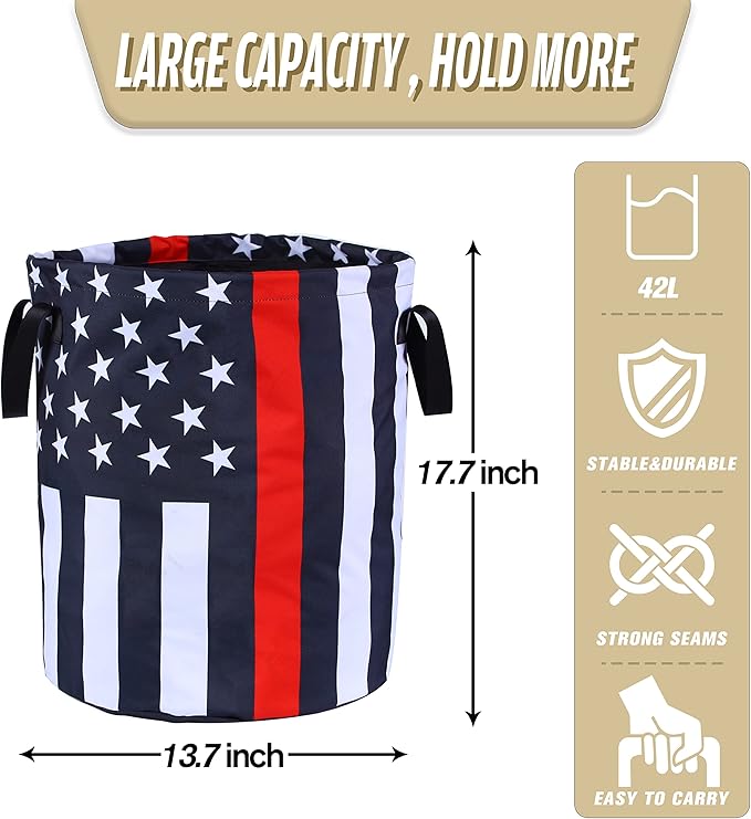 American Flag Thin Red Line Laundry Basket Foldable Oxford Cloth Funny Tote Bag Laundry Hamper Clothes Storage Bucket Organizer For Bathroom/Laundry Storage /Bedroom17.7x13.7 Inch
