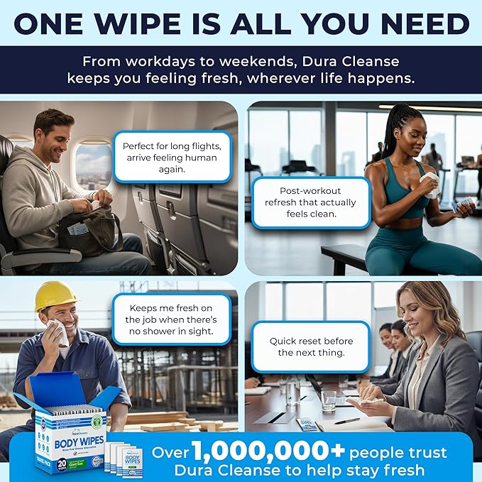 Dura Cleanse Travel Body Wipes - Everyday Clean (Instant Fresh) - 20 Count, XL 10”x10” Individually Wrapped No-Rinse Shower Wipes for Adults, Men & Women, Camping, Gym & Travel