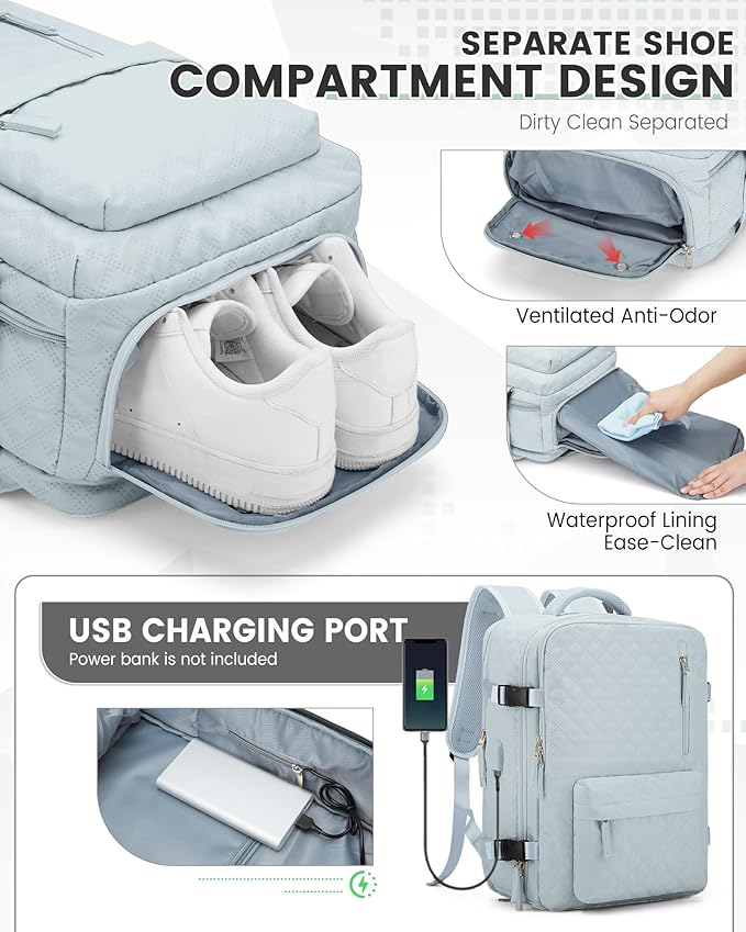 suwasp Vacuum Backpack Travel with Pump, Travel Backpack for Women Men, Vacuum Compression Bags with Laptop Compartment/Shoe Compartment, Personal Item Carry On Backpacks Flight Approved, Light Blue