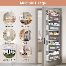 5-Tier Over The Door Storage Organizer with 10 Side Mesh Pockets, 48 lbs Load Capacity, 3 Hooks Design, Door Hanging Organizer with Clear Windows for Bathroom, Bedroom, Nursery, Kitchen-Grey