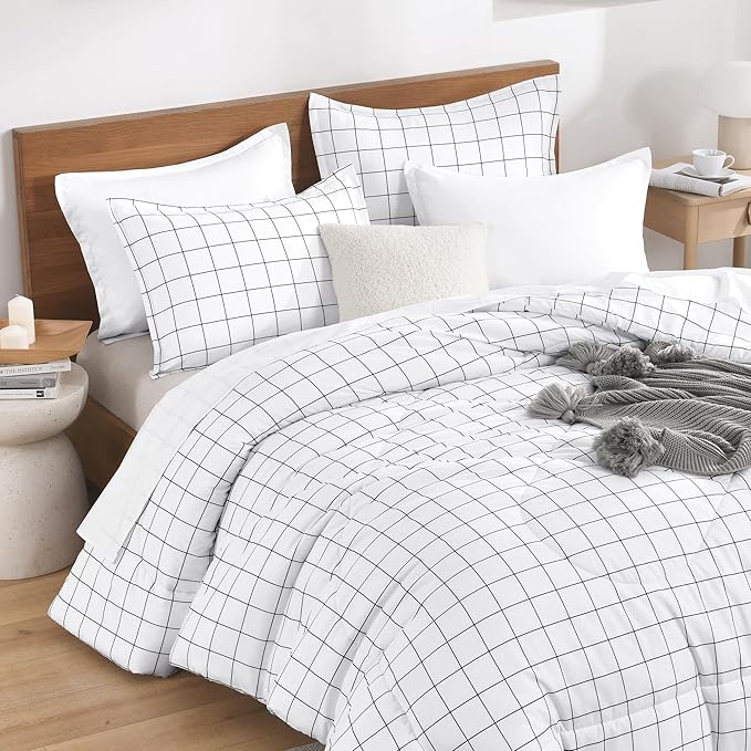 Andency Full Size Comforter Sets, White Gingham Plaid Grid Checkered Bedding Comforter Set for Teens Boys Girls Kids, 3 Pieces Lightweight Reversible Preppy Bedding Set(79x90 Inch)