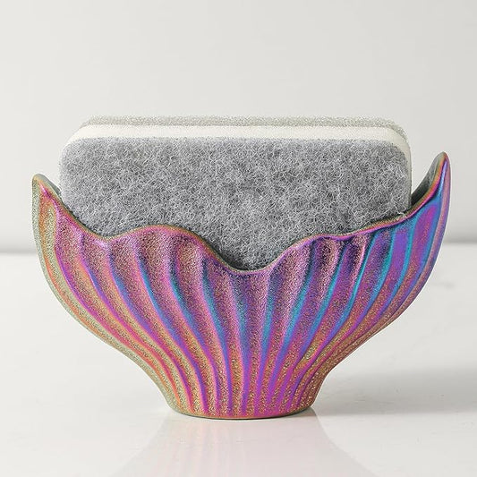Sponge Holder for Kitchen Sink, Ceramic Dish Sponge Holder with Fishtail Design, Sink Caddy Organizer for Countertop, Farmhouse Kitchen Decor, Compact Counter Dish Caddy (Rainbow)