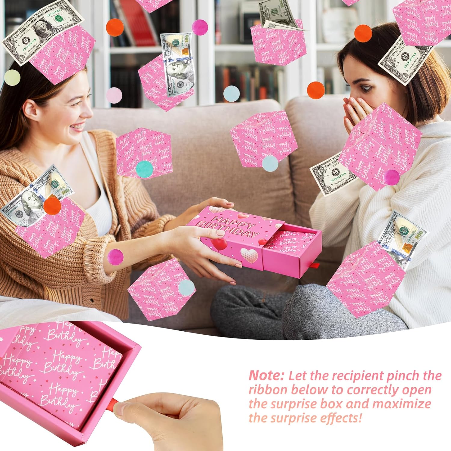 Happy Birthday Surprise Gift Box Explosion for Money - DIY Pop Out Folding Bounce Explosion Gift Box with Confetti - Birthday Money Bank - Cash Gift Idea for Women Men Kids (Pink)