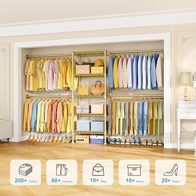 Ulif M2 Wall-Mounted Clothes Rack, Metal Closet System with 4 Expandable Hanger Rods and 5 Metal Shelves, Mount-on-Wall Clothing Storage Organizer in (70.8-102.3)" L x 14.5" D x 71.2" H, Gold