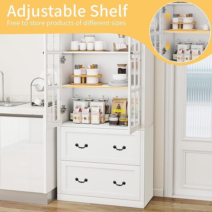 78.8" Tall Bookcase Display Storage Cabinet Hutch with Glass Doors & Drawers - Curio Display Bookshelf Kitchen Pantry for Home, Kitchen, Living Room.