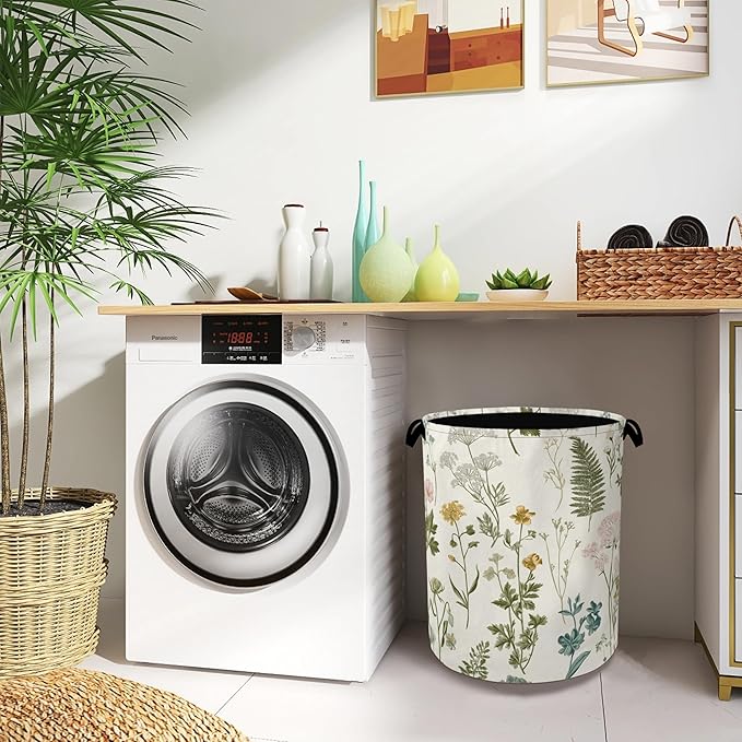 Wildflowers Herb Laundry Basket,Plants Botanical Oxford Cloth Laundry Hamper with Handle Foldable Portable Clothes Storage Basket for Bathroom Bedroom Dorm Room 16" x 20.8"