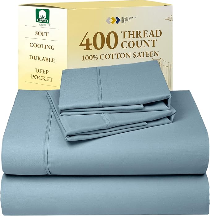 California Design Den Full Size Bed Sheets Set - Soft 400 Thread Count Sateen, Natural 100% Cotton Sheets with Deep Pockets, Breathable, and Durable Bedding Set - Sky Blue CaliforniaDesignDen