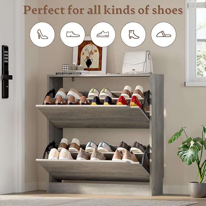Shoe Cabinet with 2 Flip Drawers, Slim Narrow Shoe Storage Cabinet, Freestanding Shoe Organizer with Adjustable & Removable Shelves, Top Display Shelf for Entryway, Hallway, Foyer, Closet