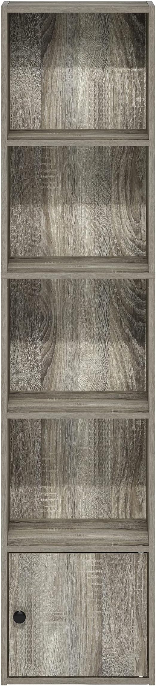 Furinno LUDER Book Shelf, 5-Tier Modern Bookshelf, Bookcase with 1 Door Storage Cabinet, 9.3 x 12 x 52, for Living Room, Bedroom, Home Office, French Oak