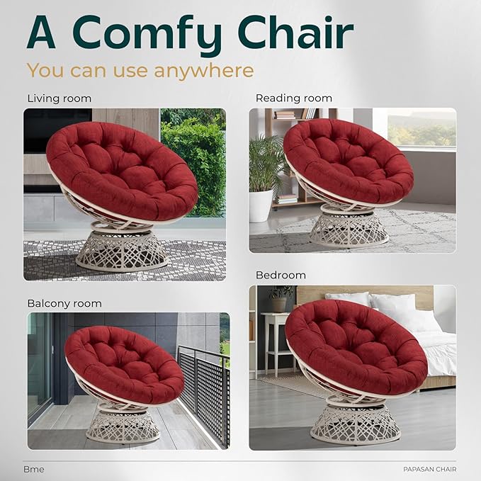 Bme 40" Ergonomic Wicker Papasan Chair with Soft Thick Density Fabric Cushion, High Capacity Steel Frame, 360 Degree Swivel for Living, Bedroom, Reading Room, Lounge, Cherry Sangria - White Base