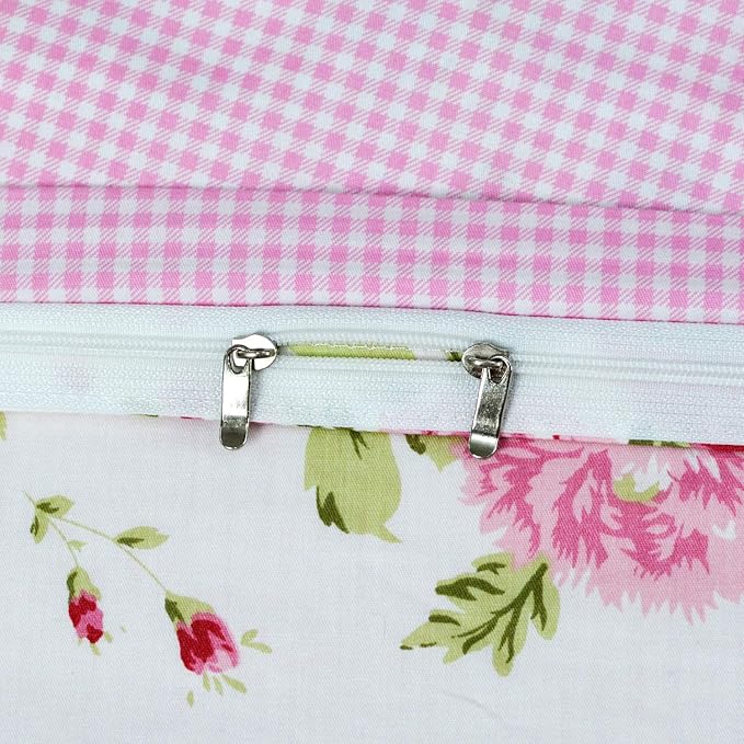 FADFAY Rose Floral Duvet Cover Set Pink Grid Cotton Girls Bedding with Hidden Zipper Closure 3 Pieces, 1duvet Cover & 2pillowcases,Full Size