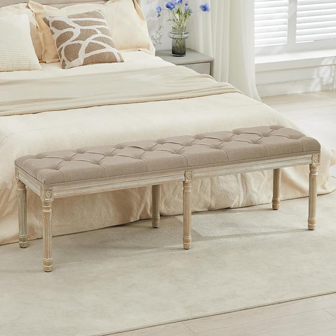 LOULENS 57.7" Linen Fabric End of Bed Bench, French Upholstered Button Tufted Bench for Bedroom End of Bed, Window Seat with Carved Wood Legs for Bedroom, Living Room, Entryway, Light Brown