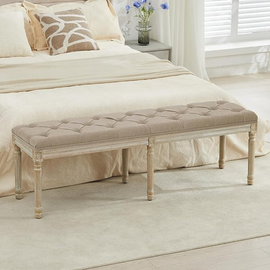 LOULENS 57.7" Linen Fabric End of Bed Bench, French Upholstered Button Tufted Bench for Bedroom End of Bed, Window Seat with Carved Wood Legs for Bedroom, Living Room, Entryway, Light Brown