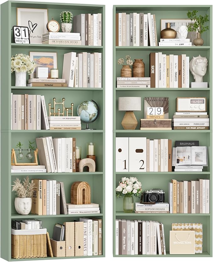 FOTOSOK 6-Tier Open Bookcase and Bookshelf Set of 2, Freestanding Display Storage Shelves Tall Bookcase for Bedroom, Living Room and Office,Green