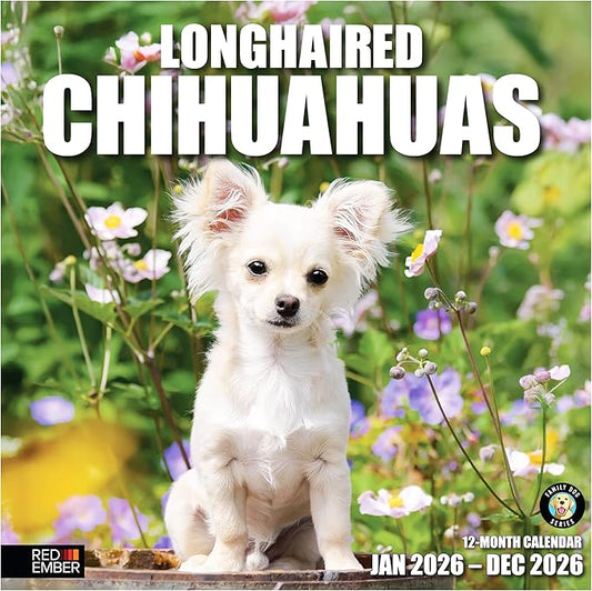 RED EMBER Longhaired Chihuahuas 2026 Wall Calendar 12 Month | 12" x 24" Open | Thick & Sturdy Paper | Holiday Gift | Cute Puppy Dog Calendar 2026