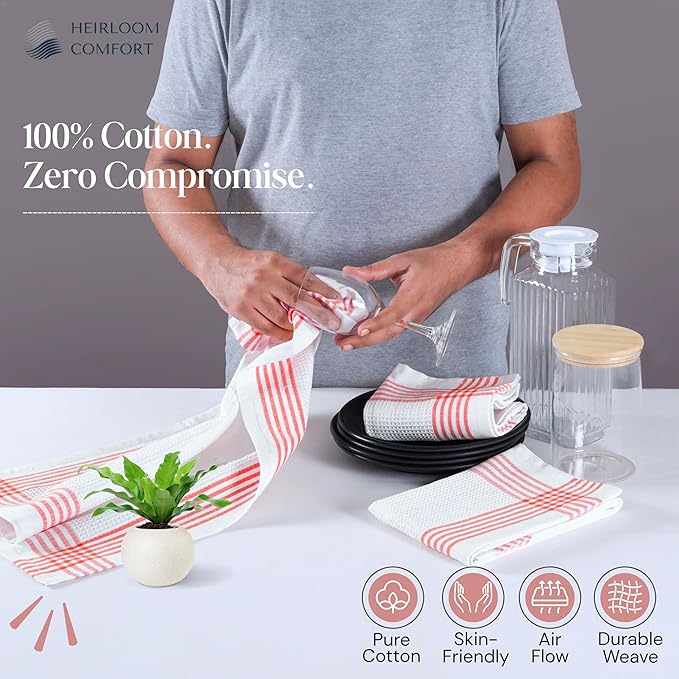 Red and White Waffle Weave Kitchen Towels 5 Pack, 16x26 Inch, Cotton Dish Towels with Hanging Loop, Quick Dry, Absorbent, Machine Washable, Durable for Kitchen & Cleaning
