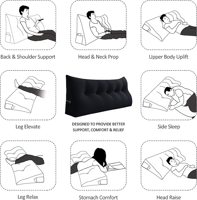 Johnear Wedge Headboard Large Bolster Pillow Reading Pillows for Sitting in Bed Adult， Velvet Triangular Cushion Backrest Lumbar Back Support Upholstered Daybed Sit Up Book Pillows（Black, Full）