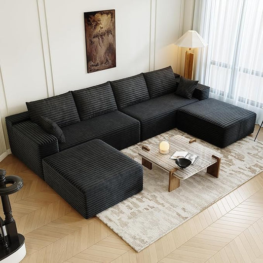 139.4" Modular Sectional Sofa, U-Shaped Minimalist Couches with 2 Ottomans Chaise, Modern Deep Seat Convertible Sleeper Sofa Bed,Cloud Plush Corduroy Fabric, No Assembly Required, 6 Seater, Black
