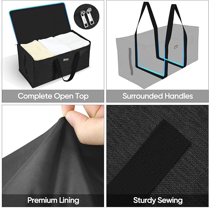 BALEINE Extra Large Storage Tote with Zippers & Carrying Handles, Heavy-Duty Oxford Fabric Moving Bags for Laundry, Space Saving, Storage, 2-Pack, Charcoal Black