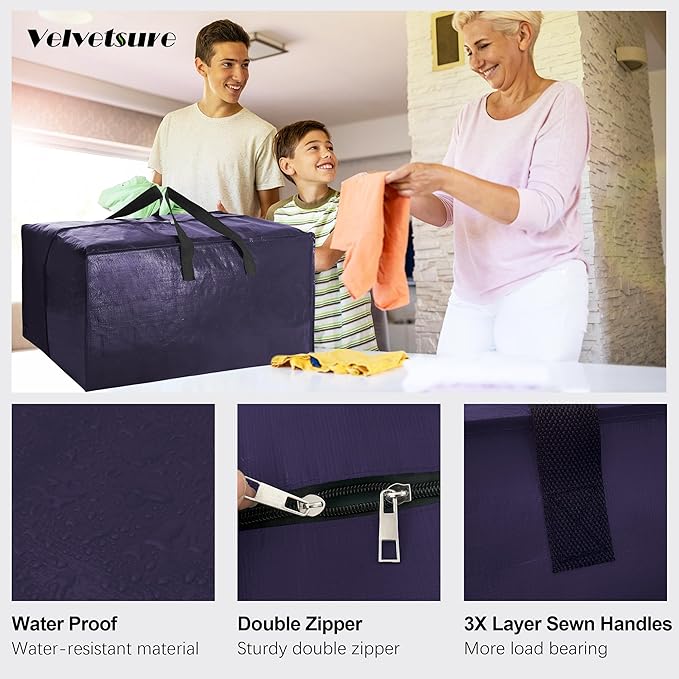 6 Pack Heavy Duty Extra Large Moving Bags W/Backpack Straps - Strong Handles & Zippers, Storage Totes For Space Saving, Fold Flat, Alternative to Box and Bin (40 gal, Blue)