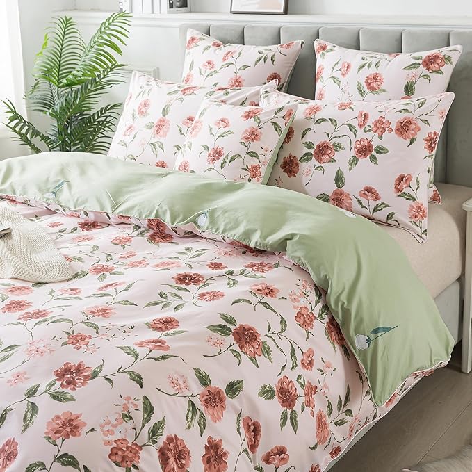 FADFAY Duvet Cover Set Queen Rose Floral Bedding Shabby Pink Hydrangea Flower Comforter Cover Set Vintage Farmhouse Bedding 100% Cotton Soft Quilt Cover with Hidden Zipper Closure 3Pcs, Queen Size