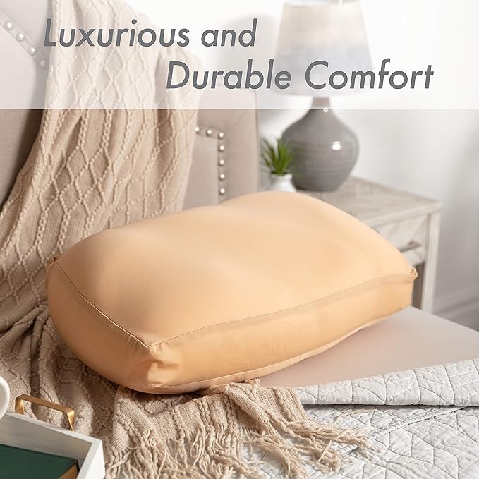 PILLOWY Premium Microbead Bed Pillow, Large Extra Fluffy But Supportive - Ultra Comfortable Sleep with Silk Like Anti Aging Cover 85% Spandex/ 15% Nylon Breathable, Cooling Barely Beige