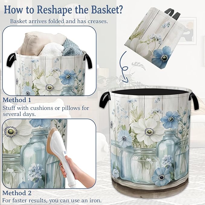 Flowers Laundry Basket,Foldable Oxford Cloth Vintage Wooden Board Laundry Hamper with Handles, 20.8"x16" Tote Bag Clothes Storage Bucket for Laundry Room/Bathroom/Bedroom/Dormitories