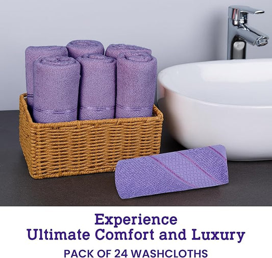 Casa Lino Face Towels & Body Wash Cloths for Showering - 100% Cotton Wash Cloths for Bathroom - Highly Absorbent & Quick Drying Washcloth Set - Cotton Washcloths 24 Pack (12" x 12") - (Purple)