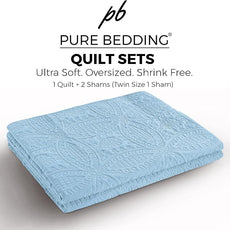 Pure Bedding Quilt Set Full/Queen Size Sky Blue - Oversized Bedspread - Soft Microfiber Lightweight Coverlet for All Season - 3 Piece Includes 1 Quilt and 2 Shams, Geometric Pattern