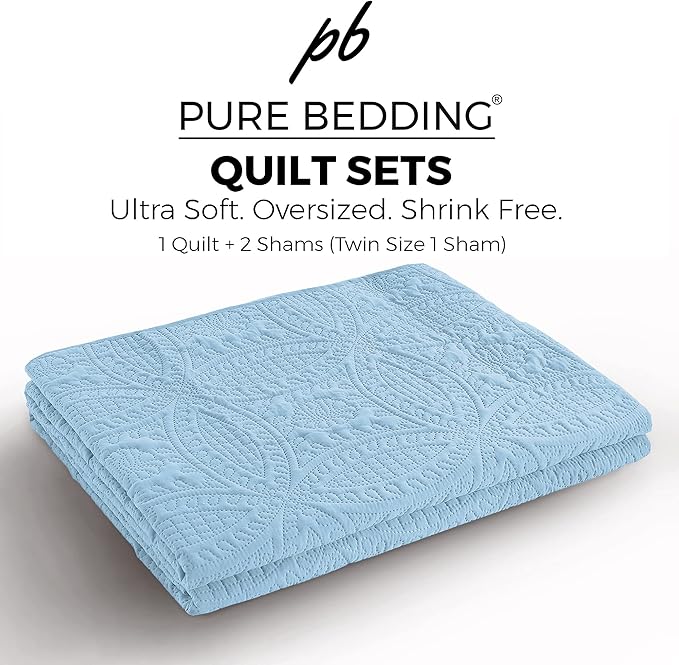 Pure Bedding Quilt Set Full/Queen Size Sky Blue - Oversized Bedspread - Soft Microfiber Lightweight Coverlet for All Season - 3 Piece Includes 1 Quilt and 2 Shams, Geometric Pattern