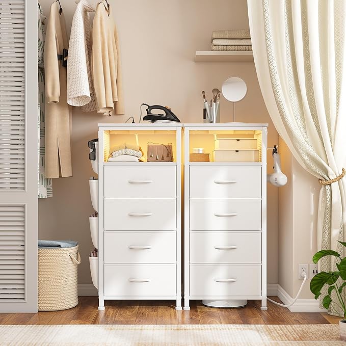 EnHomee White Nightstand Set of 2,LED Night Stand with Charging Station,Fabric Dresser for Bedroom, Hallway, Entryway, Living Room, Closet, Sturdy Steel Frame, Wood Top, Cloth Bags, Hooks, White
