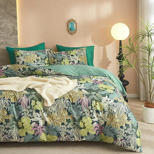 HighBuy Tropical Green Duvet Cover Queen Size Soft Cotton Leaves Bedding Set Queen Vintage Boho Flower Comforter Cover Garden Style Duvet Cover for Kids Girls with 2 Pillowcases Queen Bedding Sets