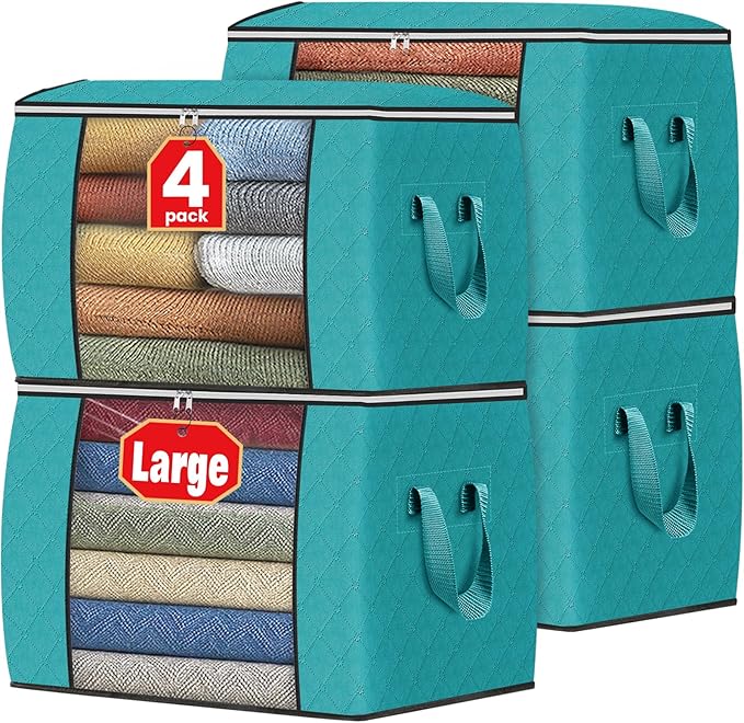 Fab totes 24 Gallons Clothes Storage, Foldable Thick Fabric Blanket Storage Bags, Containers for Organizing Bedroom, Closet, Clothing, Comforter, Organization with Handle (4 Pack,Green)