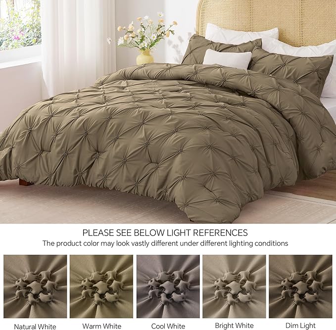 BEDELITE Light Brown Queen Comforter Set - 3 Pieces Boho Pintuck Bedding Comforter Sets, Lightweight Soft & Warm Bed Comforter Queen with 2 Pillowcases for All Season